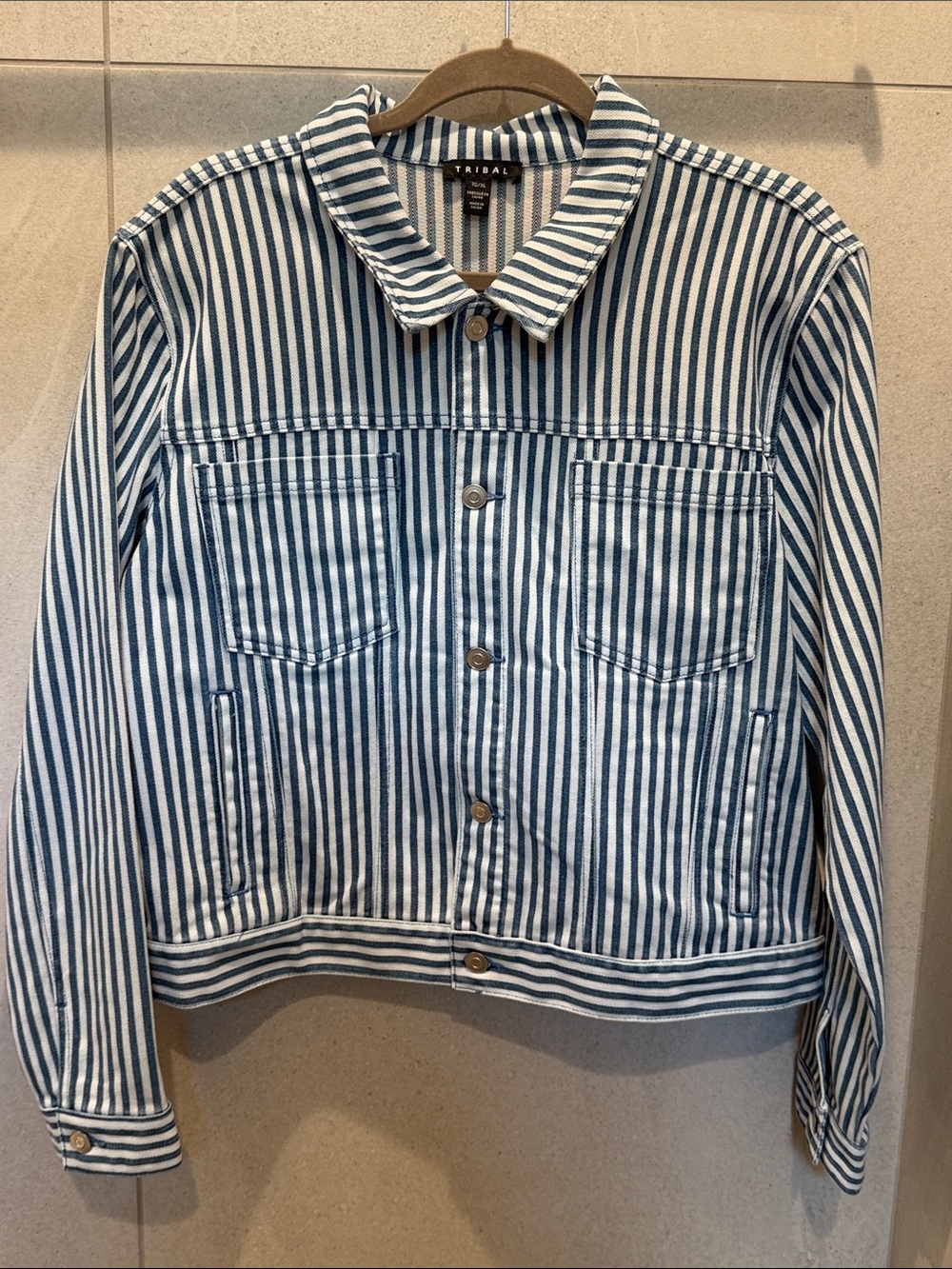 Tribal Blue & White Striped Denim Jacket